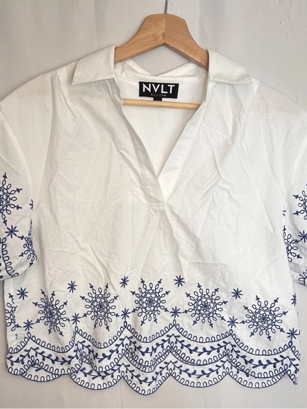 NVLT White Cotton V-Neck Top with Navy Embroidery